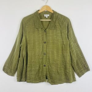 Monika Turtle Olive Green Rayon Textured Long‎ Sleeve Top Shirt Womens Large